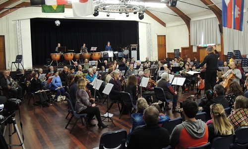 strings and percussion on stage.