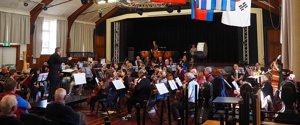 strings and percussion on stage.